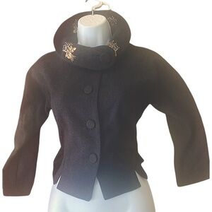 Vintage Black 1930 Button-Up Wool -Jacket-S black boiled wool ,gold embroidered